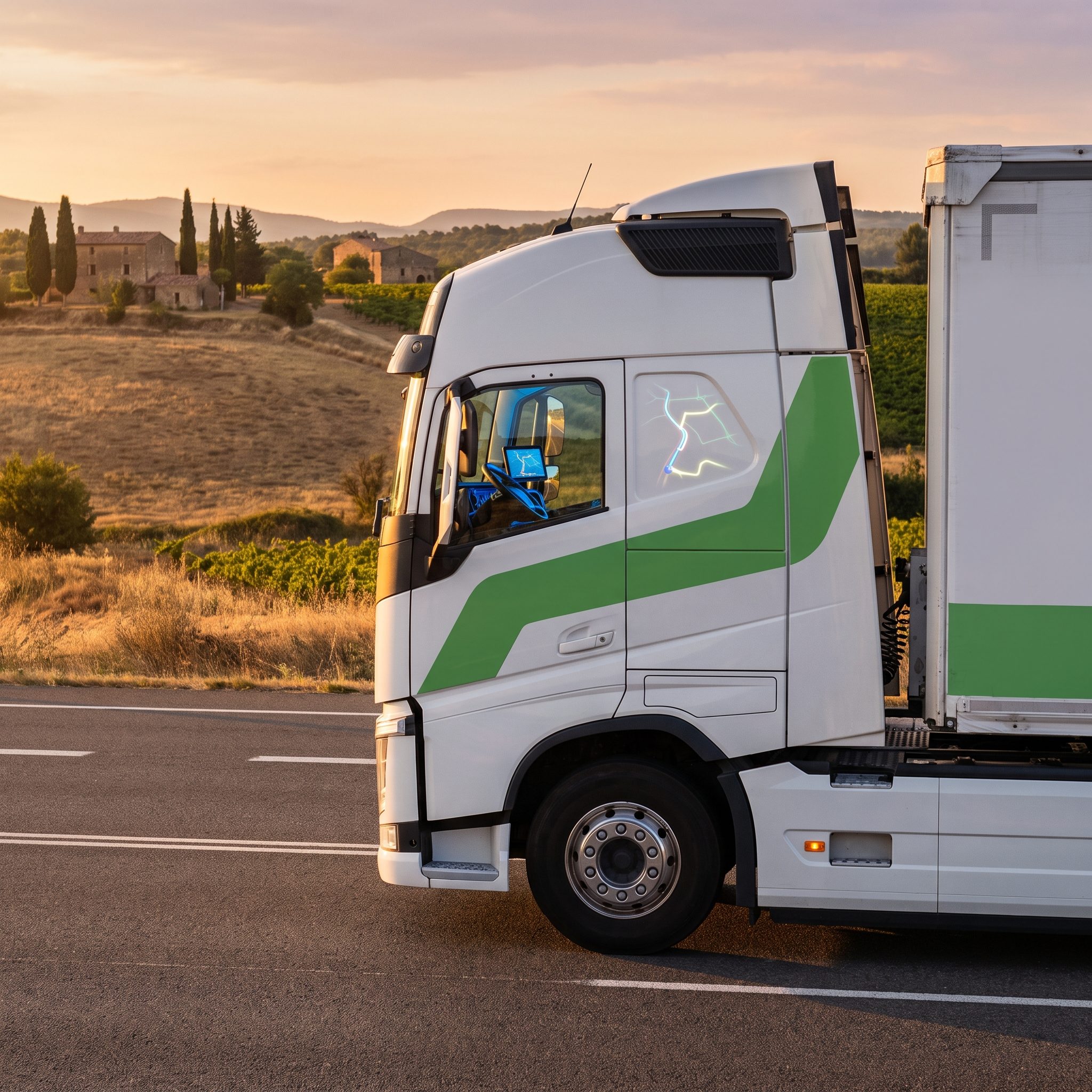 Camion Labatut Group sur route au coucher du soleil, traçabilité des marchandises et suivi en temps réel